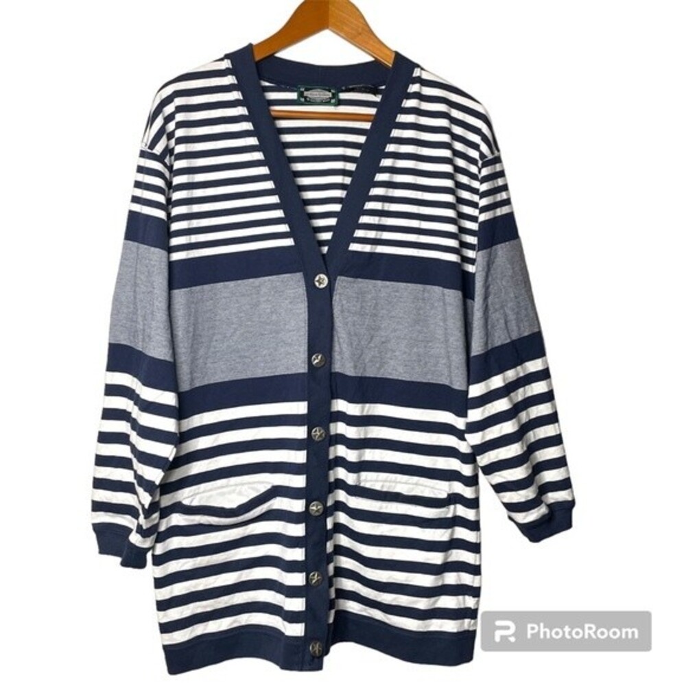 La Chine Knitwear by Galinda Wang Blue White Striped Cardigan Size S
